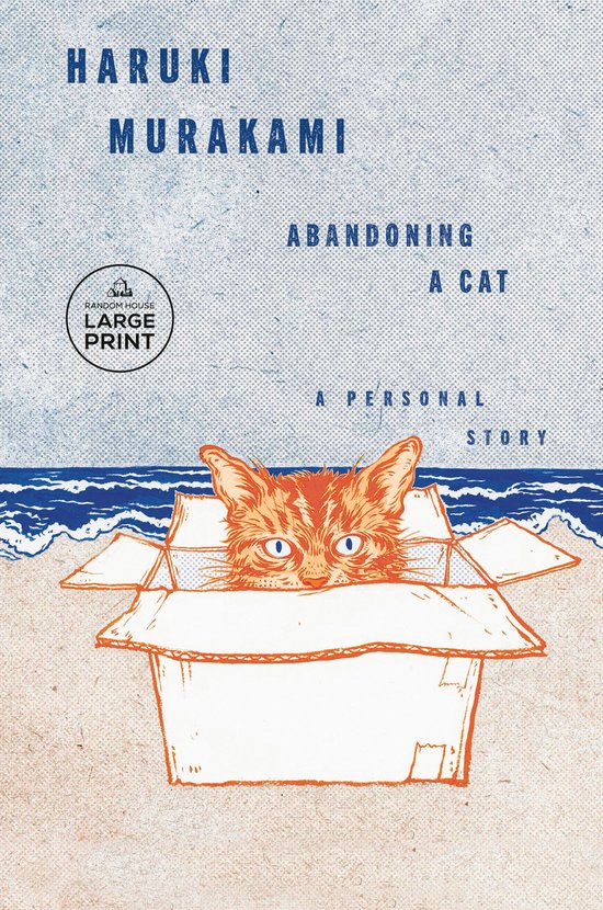 Boekomslag met de titel 'Abandoning a Cat' van Haruki Murakami. Een rode kat kijkt uit een kartonnen doos op een strand, met de zee op de achtergrond.
