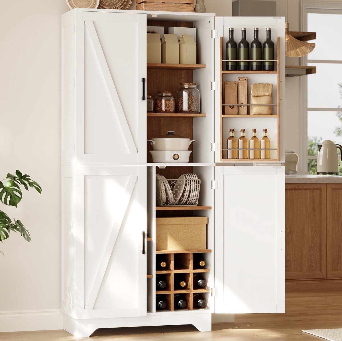 OKWISH Keukenkast – Hoge Opbergkast Met Schuurdeurlook, Wijnrek En Deuropberging – 80 x 40 x 180 cm – MDF Wit Naturel