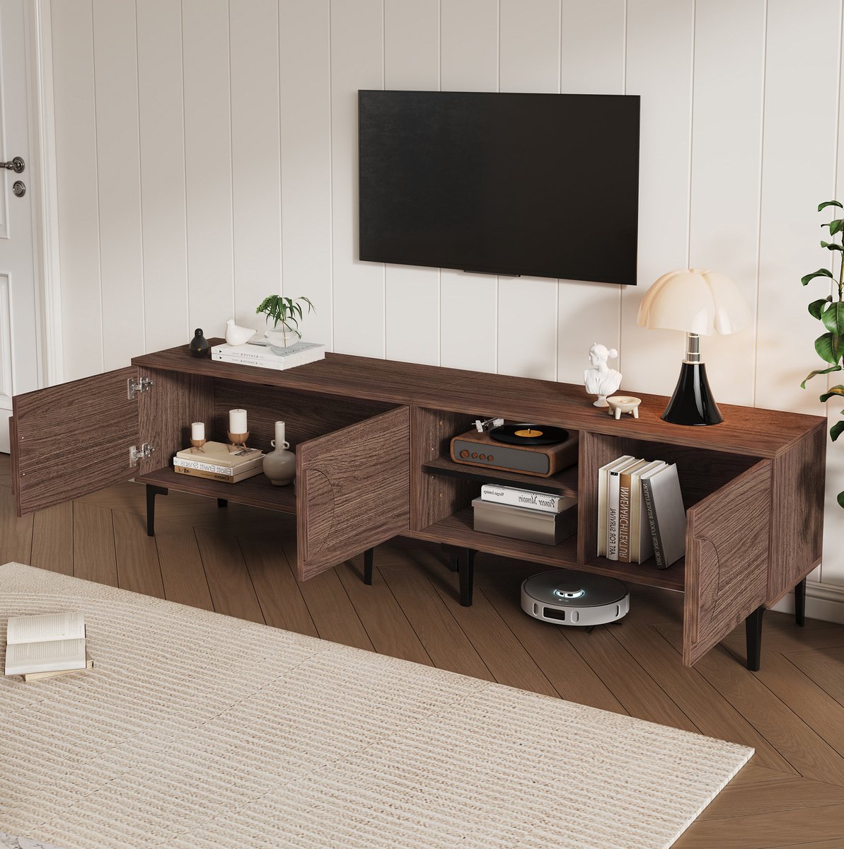 TV Meubel - 3 Deuren En 2 Open Vakken - Voor Woonkamer - Spaanplaat - Donker Walnoot - 180x35x49 Cm