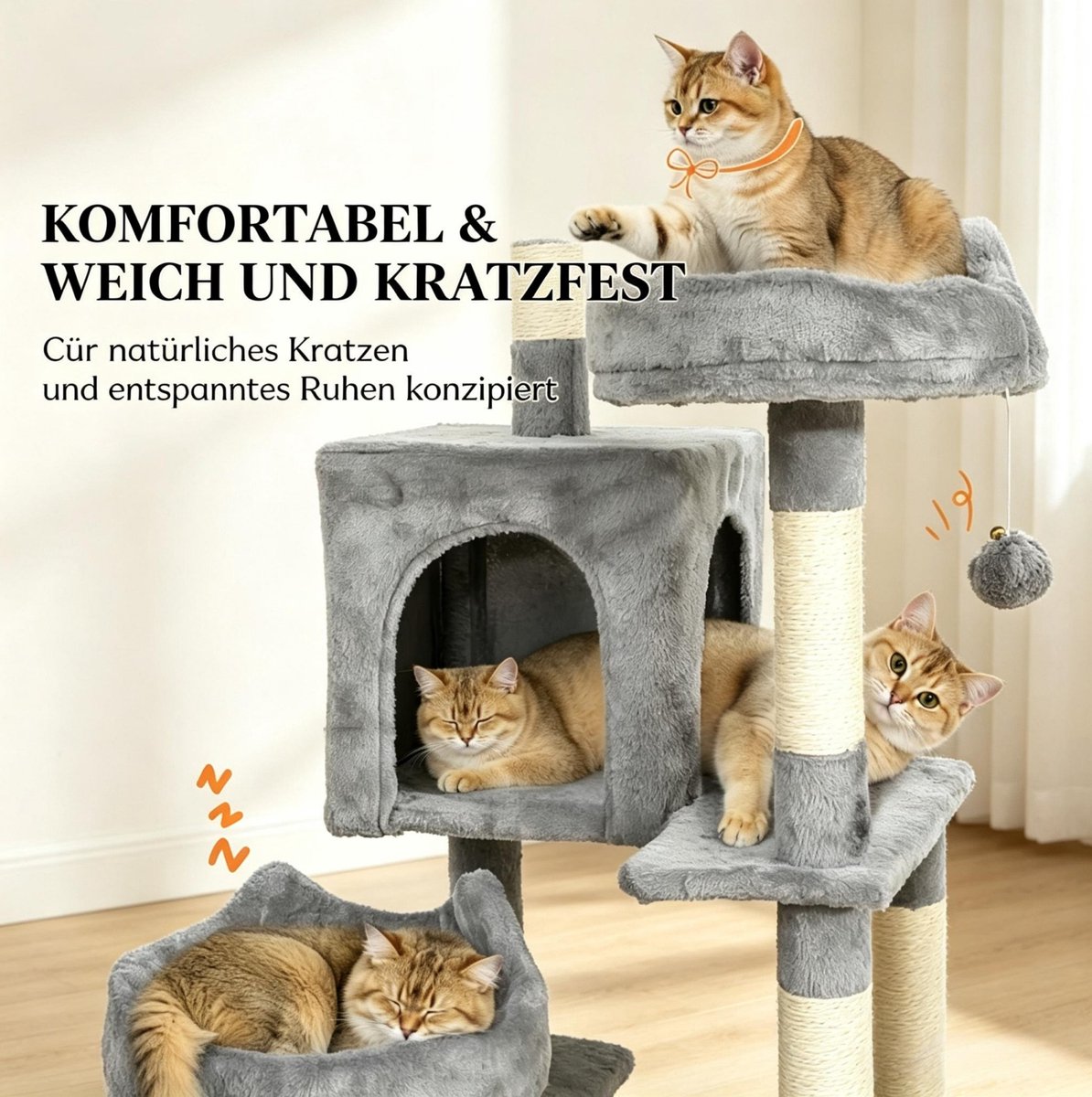 REDOM - Krabpaal - 192 cm hoog - 4 platforms en 2 nissen - 2 hangmatten en speeltjes - Vrijstaand - Pluche, sisal en hout - Grijs - 48 x 48 x 192 cm