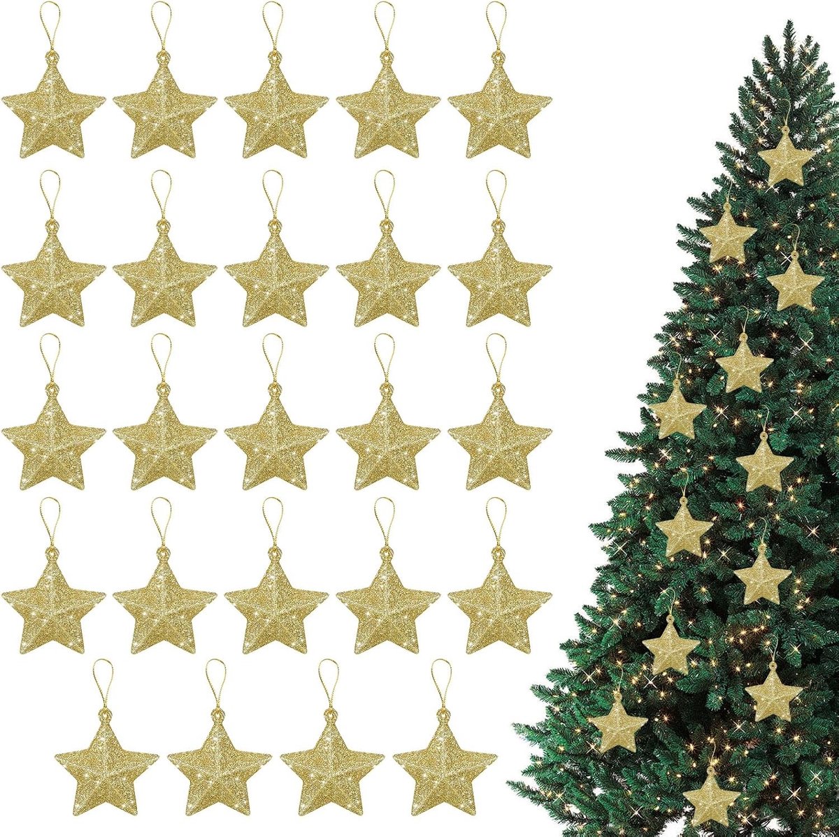 Kerstster Decoratie Set van 24 Stuks - 5 cm Gouden Sterren voor Kerstboom en Haard, Feestelijke Versiering