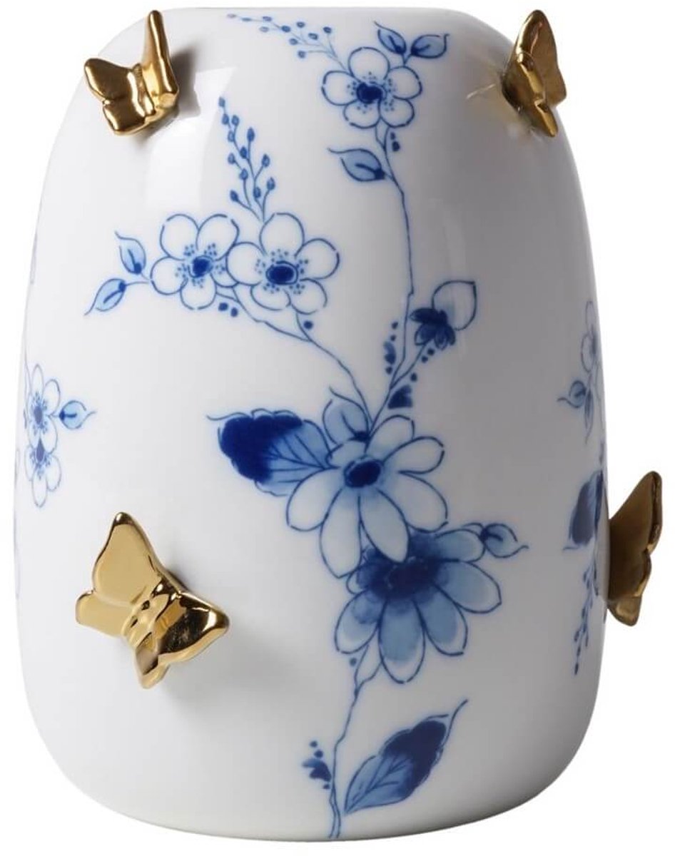 Heinen Delfts Blauw Vaas Rond 3D Vlinders - Vlindergoud - Keramiek - 14 cm