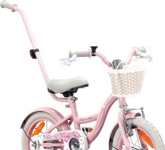 Flower Bike Fiets voor een meisje van 3 tot 5 jaar, 14 inch Roze, met fietsbel, zijwieltjes, duwstang en stuurmandje van Flower Bike — afbeelding 4