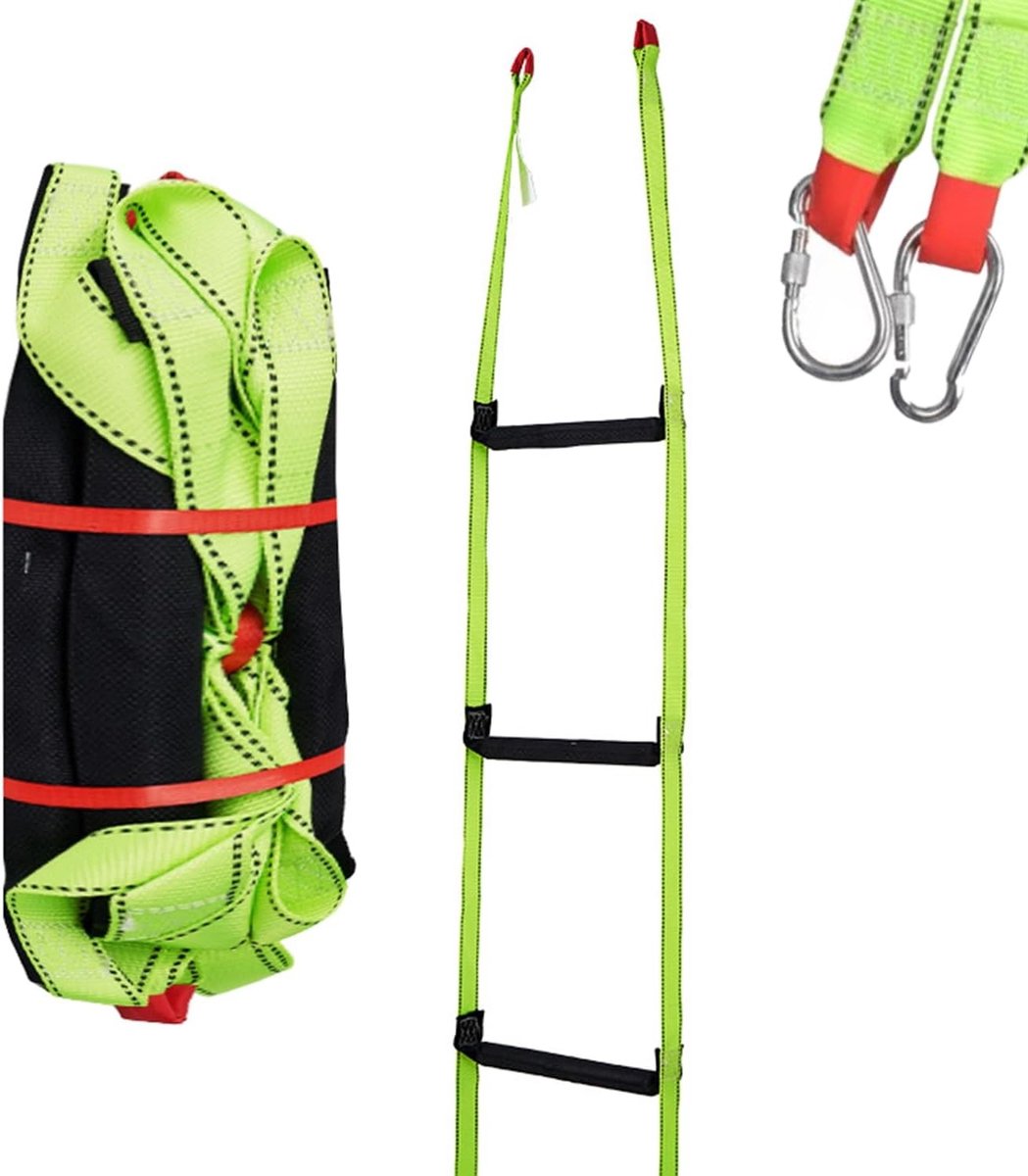 8 meter brandladder met karabijnhaken, brandwerende noodladder voor 3-5 verdiepingen, ideaal voor balkons en railingen, draagvermogen tot 350 kg, groen