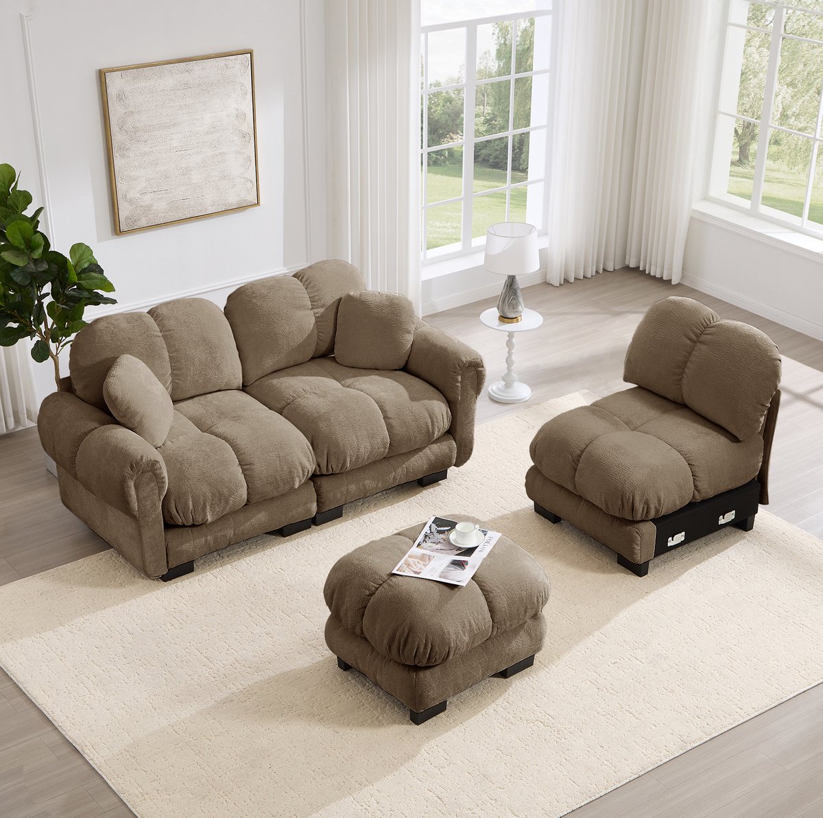Wishdor Hoekbank - 3-zits l-vormig - Chenille stof met mobiele ottomane en 2 sierkussens - Gestikt patroon - Woonkamer - Bruin - 260 x 149 x 90 cm