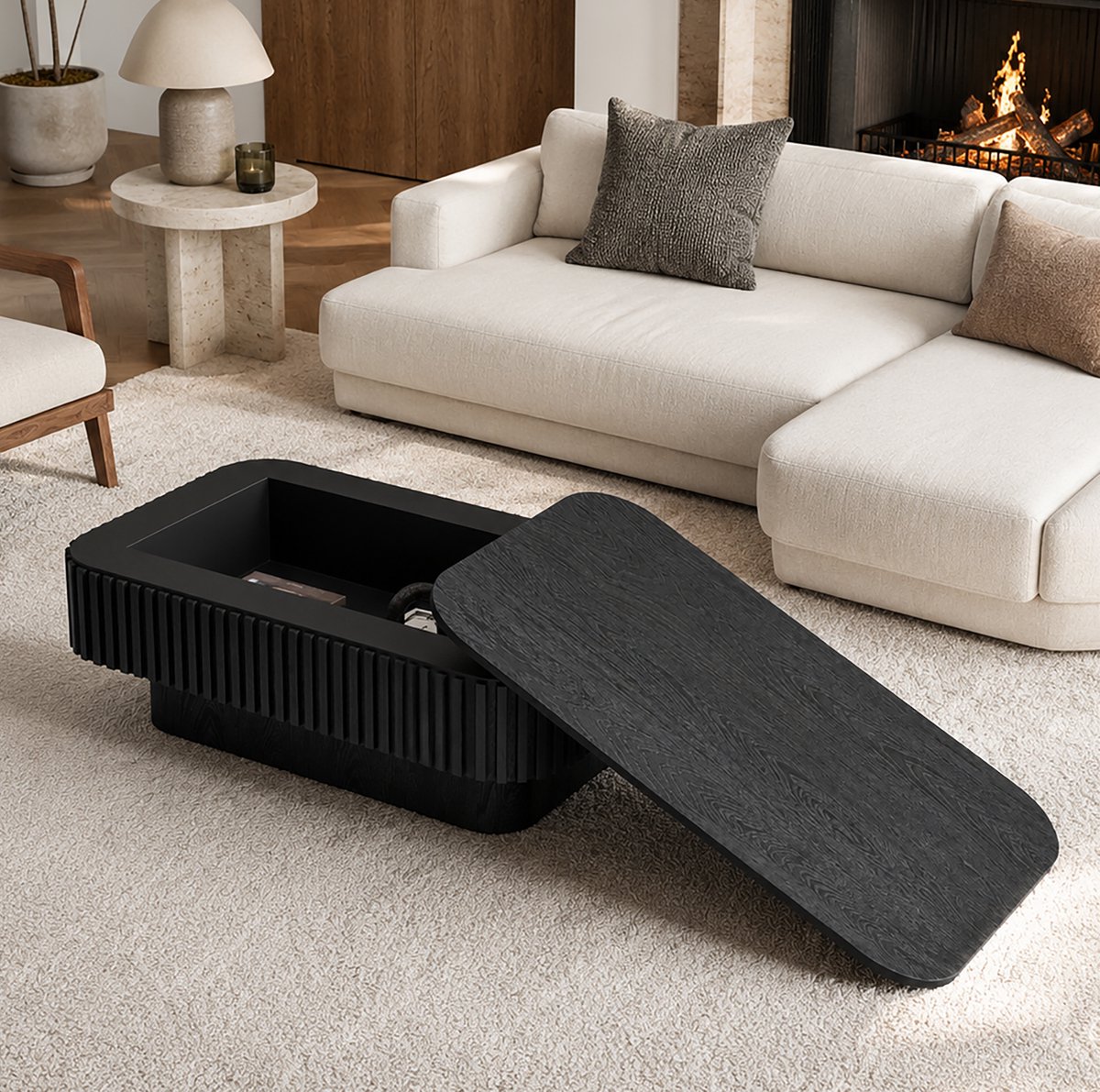 REDOM - Salontafel - Verborgen opbergruimte - Afneembaar klapdeksel - Geribbelde structuur - Moderne stijl - Woonkamer - MDF en houtfineer - Zwart - 98 x 60 x 35 cm