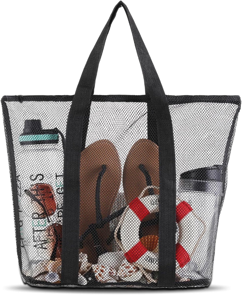 Grote Vouwbare Strandtas van Mesh, Waterdichte Handtas met Rits voor Strand, Zwembad en Zand Speelgoed voor Vakantie Trips