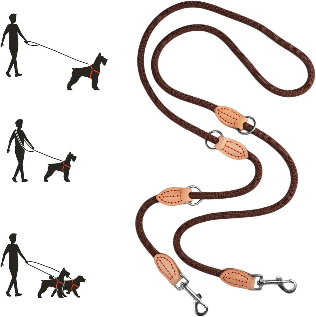 Verstelbare Dubbele Hondenlijn van 2.1m met 360° Rotatable Divider en 2 Carabiner Haken, Ideaal voor Kleine, Middelgrote en Grote Honden, Geen Verstrikkingen, Veilig en Stevig