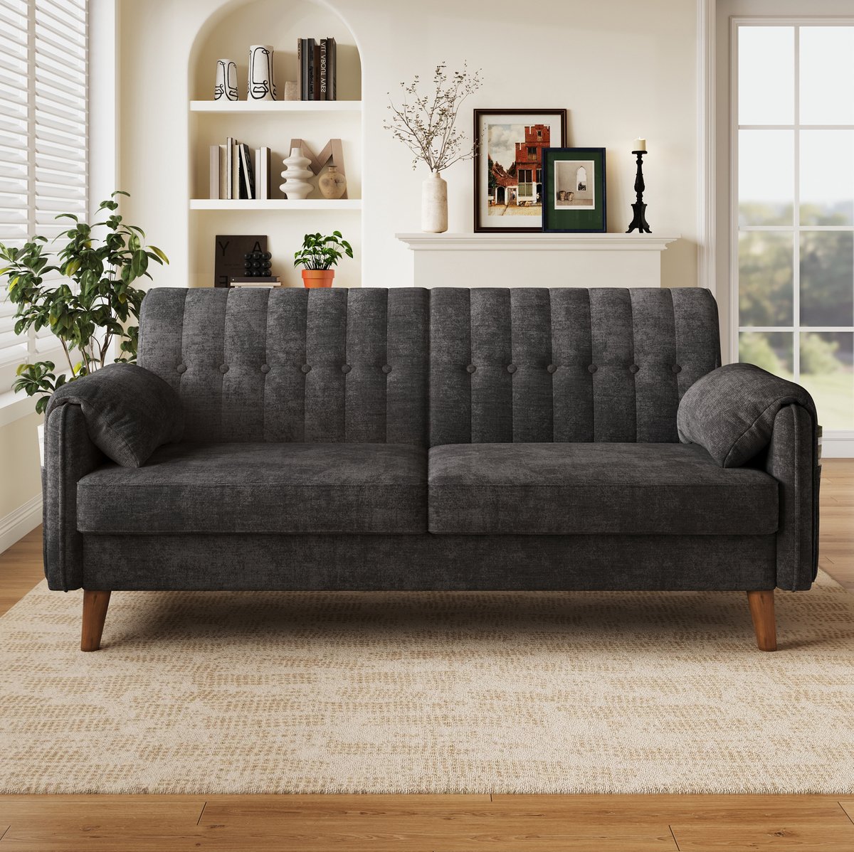 Wishdor 2-zits bank - Chenille met getufte rugleuning en zijvakken - Compact modern design - Woonkamer slaapkamer kantoor - Massief houten poten - Donkergrijs - 161,5 x 79 x 83,5 cm