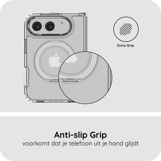 Transparant hoesje met detailopname van antislipstructuur voor extra grip.