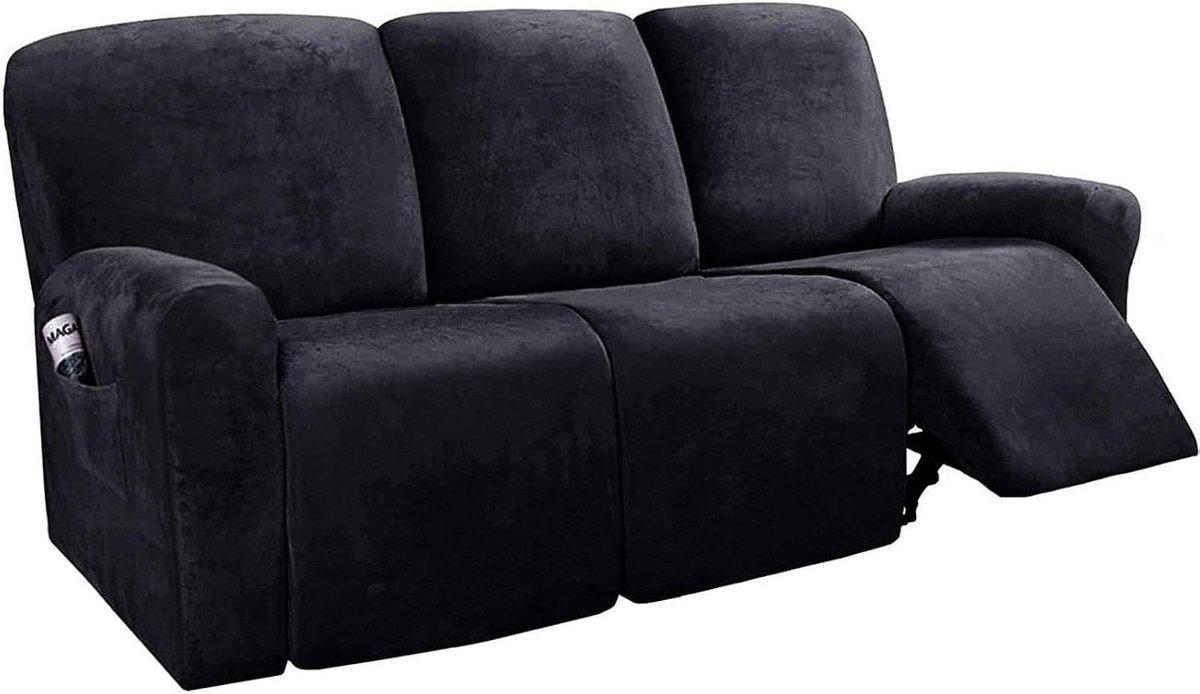 Fauteuilhoes - Zwart - 3 Plaats - Elastische Fluwelen Meubelhoes met Antislip - Voor Relaxfauteuil