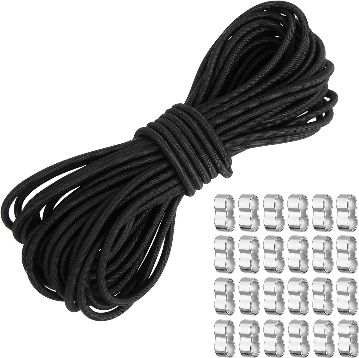 Elastisch Touw 4 mm x 10 m, Versterkt Rubber Koord voor Camping, Tarp en Trailergebruik, Zwart met Crimping Loops en M5 Zinklegering