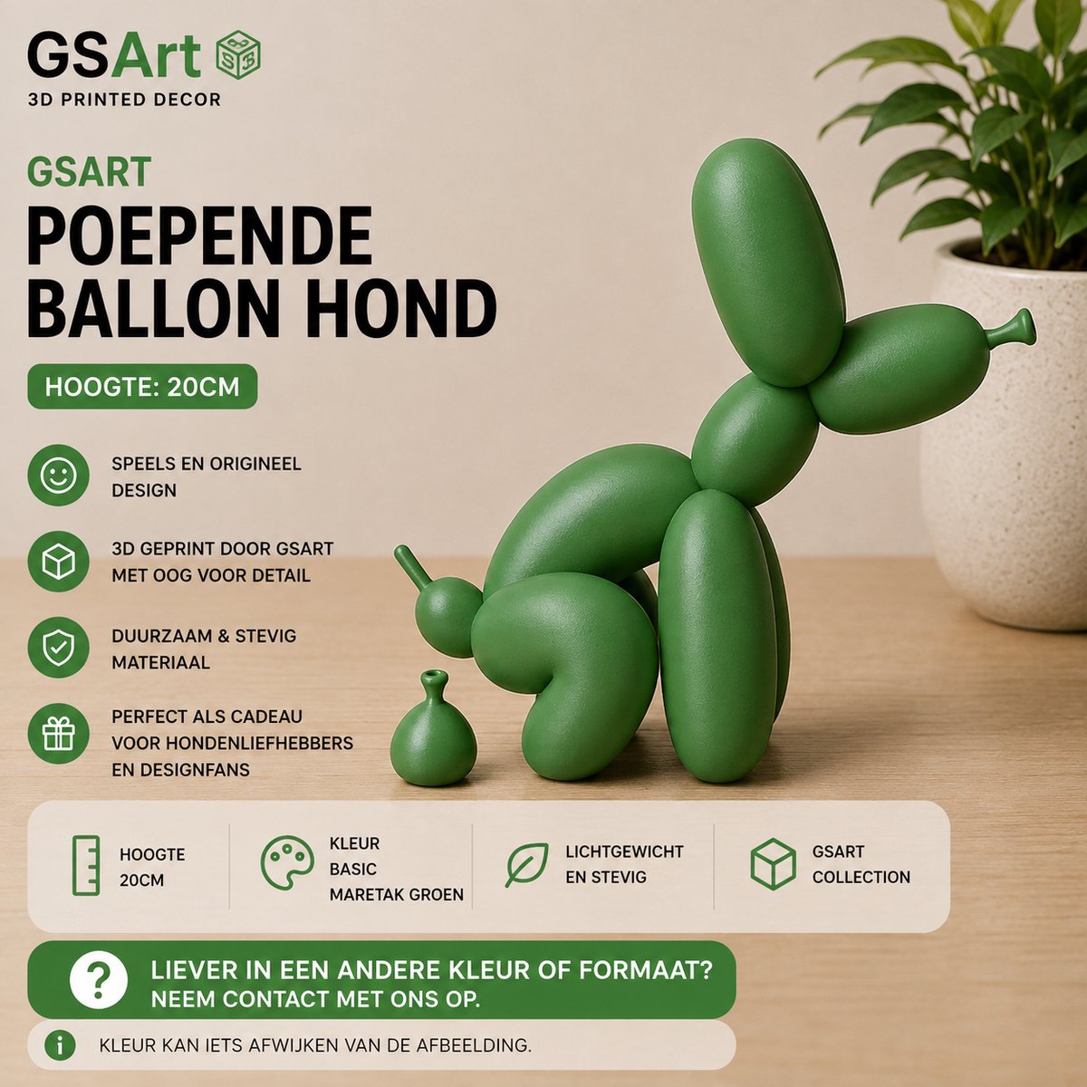 GSArt Decoratief Beeld Poepende Ballon Hond – Grappige Woondecoratie - 20cm Maretak Groen