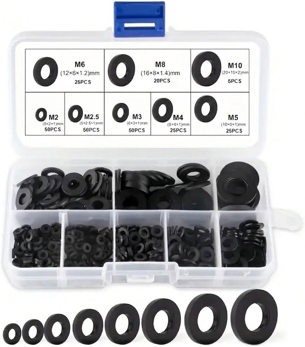 Gummi onderlegschijven set van 250 stuks, zwarte flachgummidichtingen voor schroeven, slijtvast en waterdicht, ideaal voor diverse toepassingen