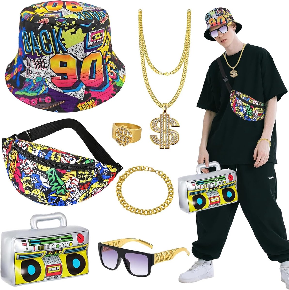 Retro Fancy Dress Kostuum voor Mannen en Vrouwen, 7-delige Hip Hop Accessoires voor Rave, Carnaval en Halloween met Hoed, Fanny Pack, Gouden Ketting, Ring en Bril