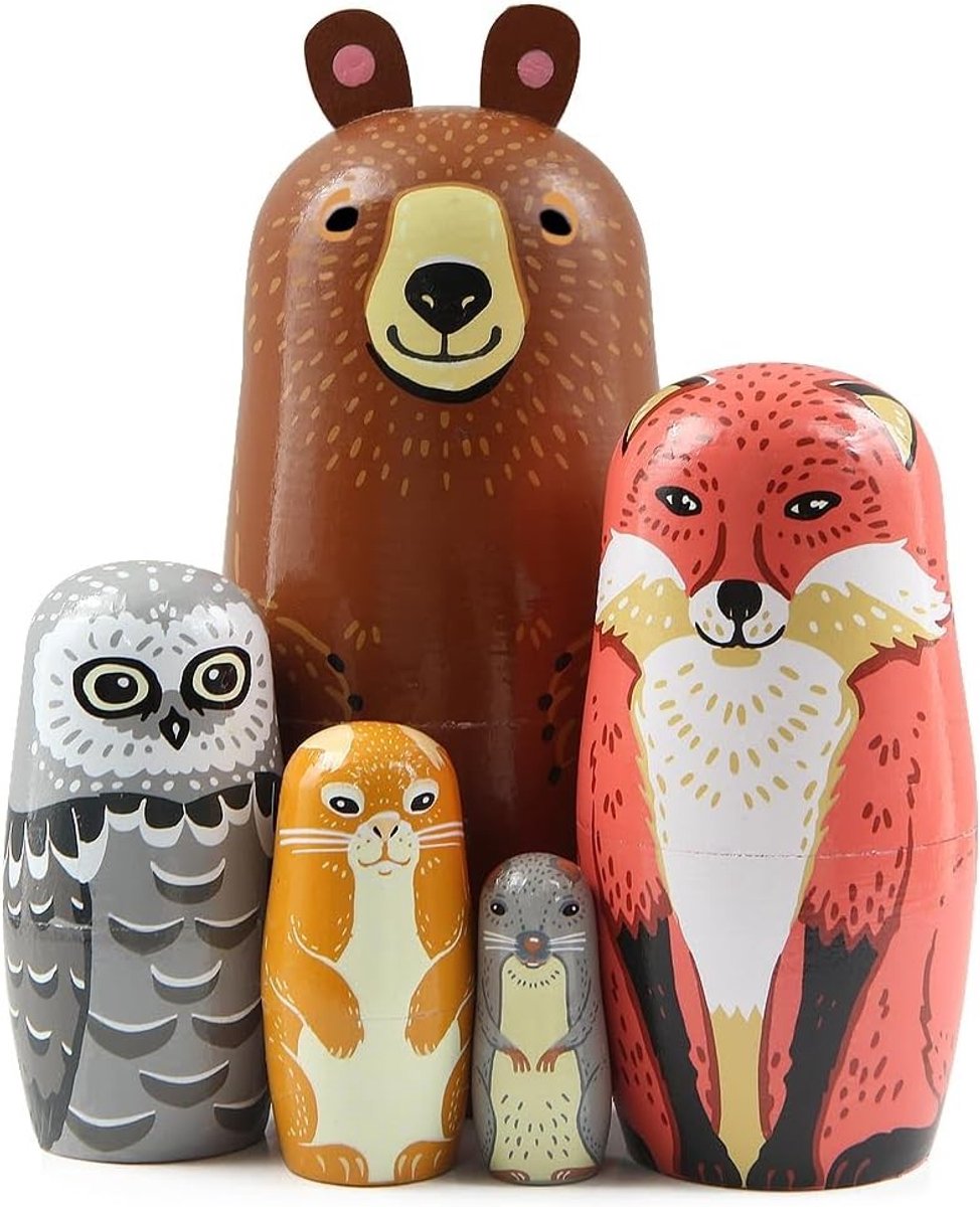 Set van 5 Schattige Dieren Houten Poppen, Inclusief Beer, Vos, Uil en Konijn, Stapelbare Speelgoed voor Kinderen, Feestdecoratie en Cadeau voor Verjaardagen en Kerstmis