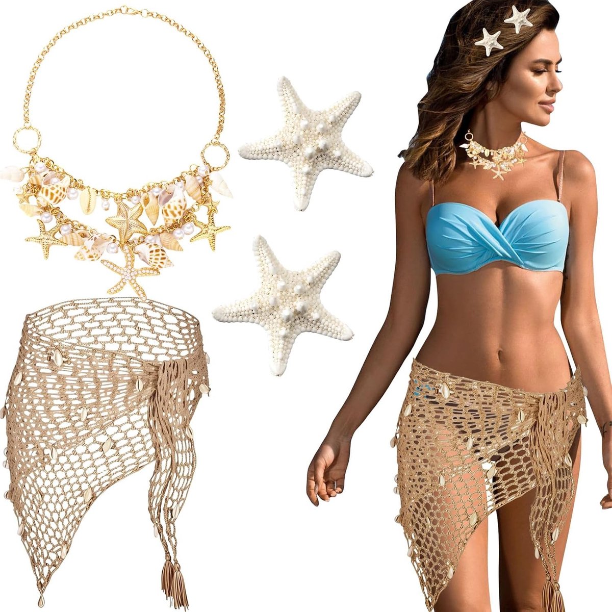 Zomerse Strandaccessoires - Meerminnenstijl - Inclusief Badpak, Gehaakte Rok en Schelpaccessoires - Voor Dames