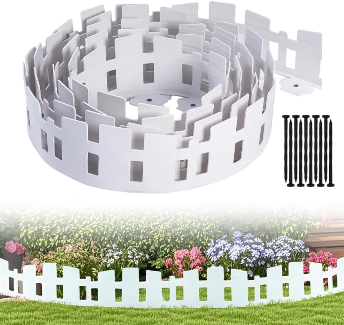 Flexibele Tuinrand van Plastic, 10 meter, Extra Hoge Bedborder met 60 Palen, Ideaal voor Tuinen, Onkruidbestrijding en Grondafscheiding, Wit