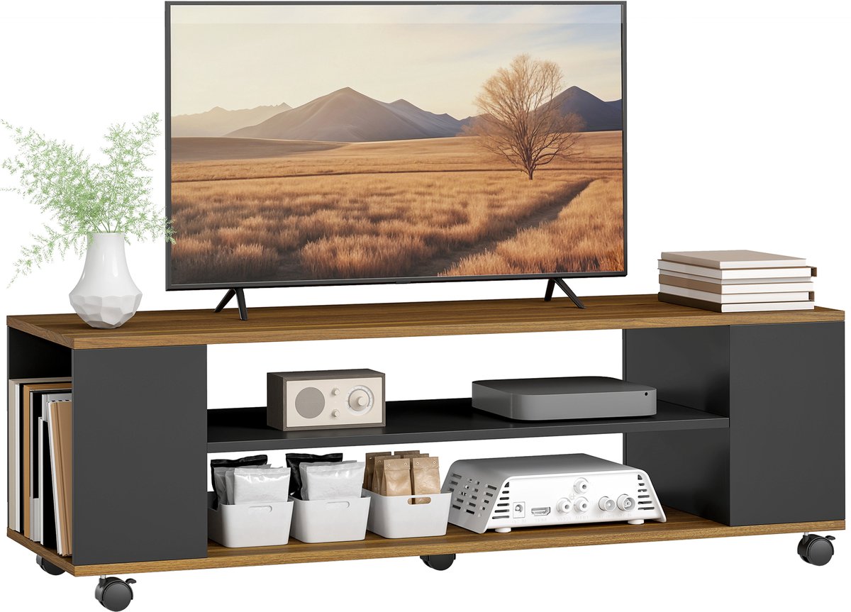 TEKROA® TV-meubel - 4 planken voor 55-inch tv's, - 120x40x38,5 cm - walnoot en zwart