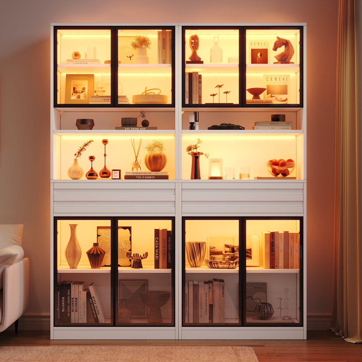 REDOM - Vitrinekast - 8 glazen deuren - Met lade en open vakken - App-gestuurde RGB LED-verlichting - Voor woonkamer of kantoor - MDF - Wit - 160 x 35 x 200 cm