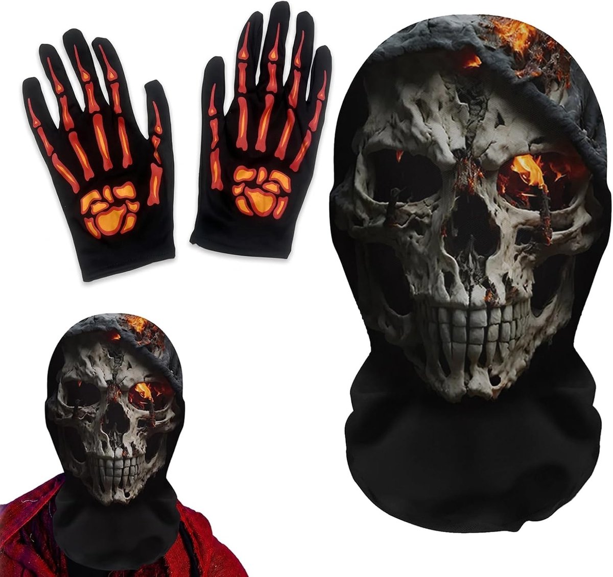 Halloween griezelmaskerset met skelethandschoenen en doodskopdesign voor feestkostuum, zwart, winddicht, perfect voor motorfiets en outdooractiviteiten