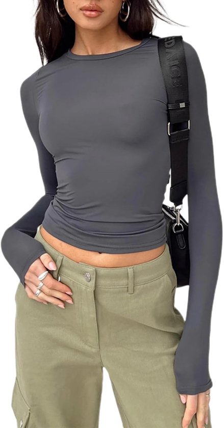 Dames Basis T-Shirt met Lange Mouwen, Cropped Top, Diepe Ronde Hals, Slank Fit, Aesthetische Streetwear, Comfortabel en Stijlvol voor Elke Gelegenheid