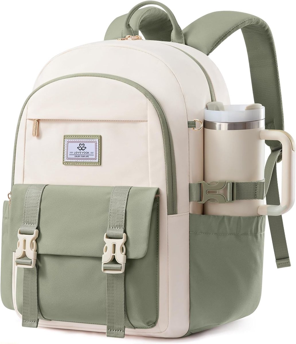 Canvas rugzak dames - Beige – Bonengroen - 30 x 13,7 x 45,7 cm - Grote Laptoprugzak met Brede Opening - Voor School, Werk en Reizen