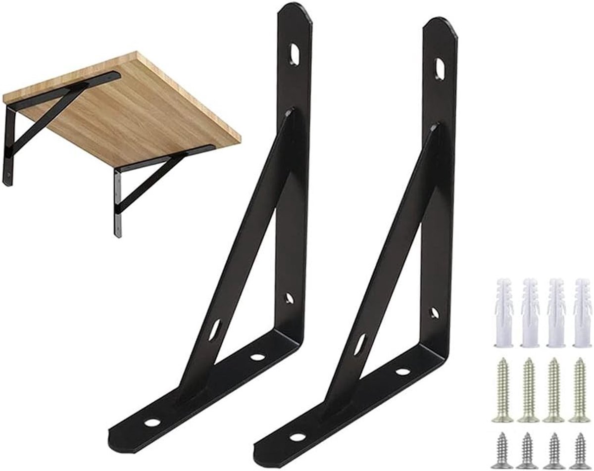 2 Stuks Stevige Wandplanken Beugels, 150 x 95mm Driehoekige Planksteunen met Schroeven, 90 Graden Hoek voor Wandmontage, Zwart Mat, Ideaal voor Plankondersteuning en Interieurdecoratie