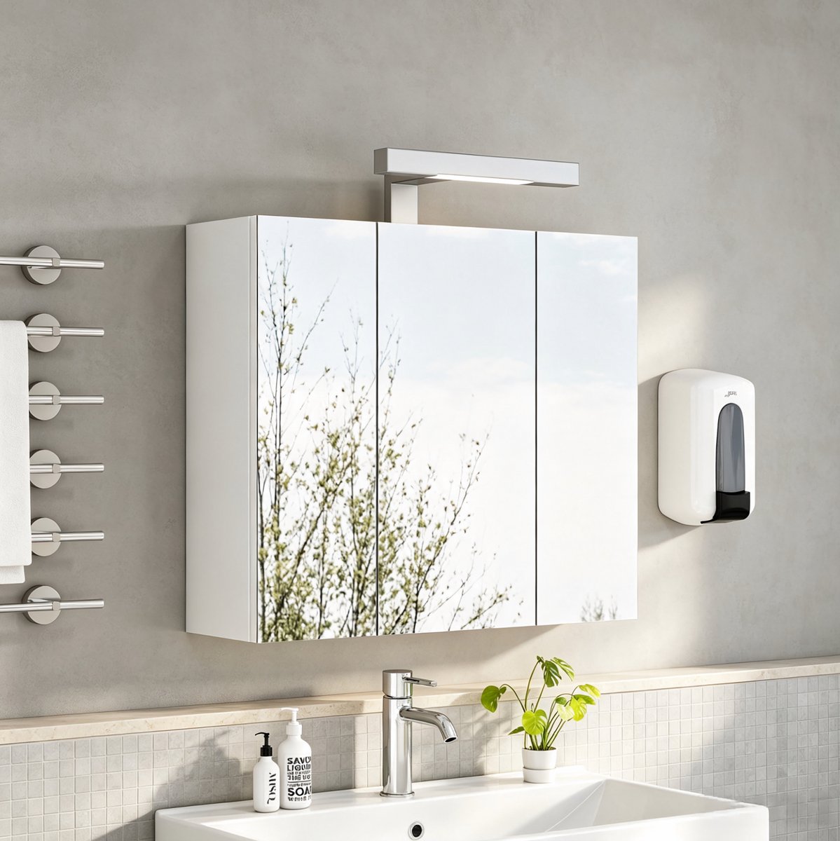 STILVORA Spiegelkast Voor Badkamer - Wandmontage Met 3 Deuren, LED Verlichting En Stopcontact - Voor Badkamer En Gastentoilet - MDF En Glas - Wit - 67x22x79 Cm