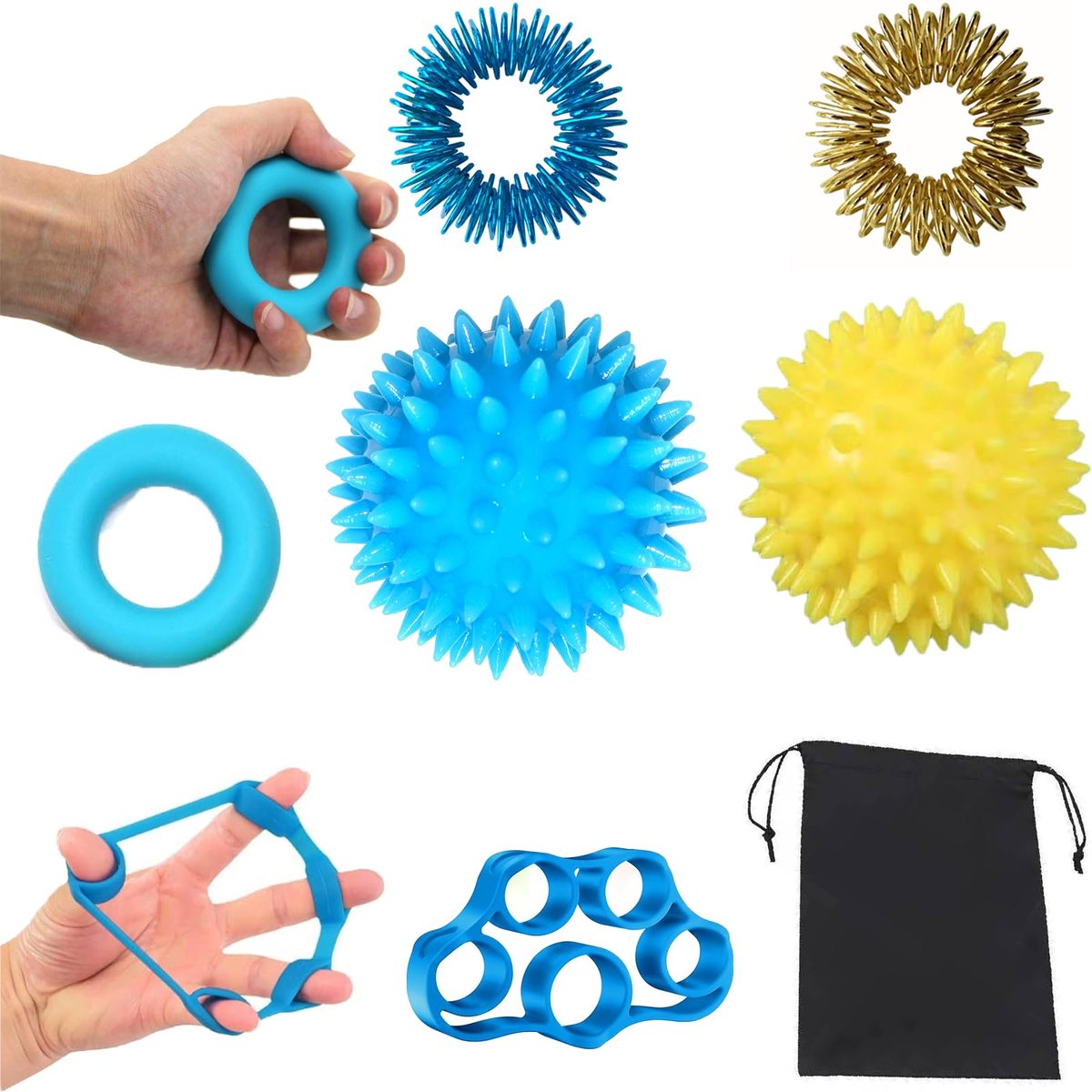 7-delige Vinger- en Handtrainer Set - Met Artritis Handbal, Egelbal, Kneedbal en Vingerstrekker - Inclusief Opbergzakje - Voor Handtherapie, Gripversterking, Stress- en Angstvermindering