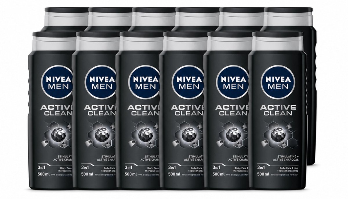12 x NIVEA MEN - Douchegel - Active Clean - 500 ml - Voordeelverpakking - 12 stuks