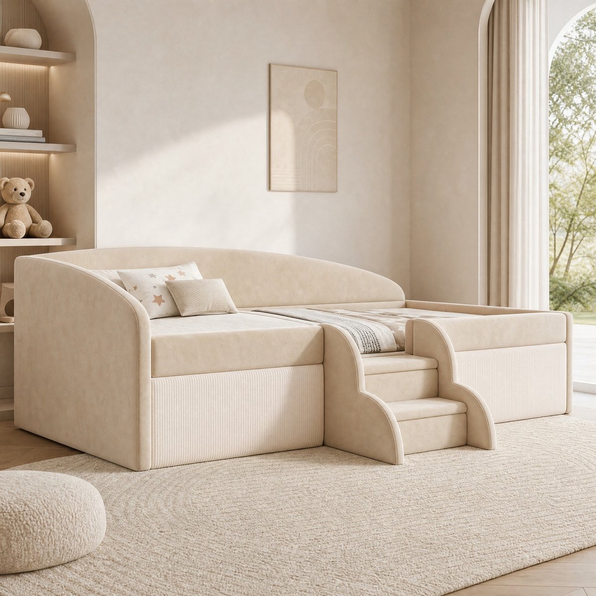 Kinderbed 90x190cm Met Matras Slaapbank Met Stappen En Veiligheidshekje Voor Kinderen Stof Beige