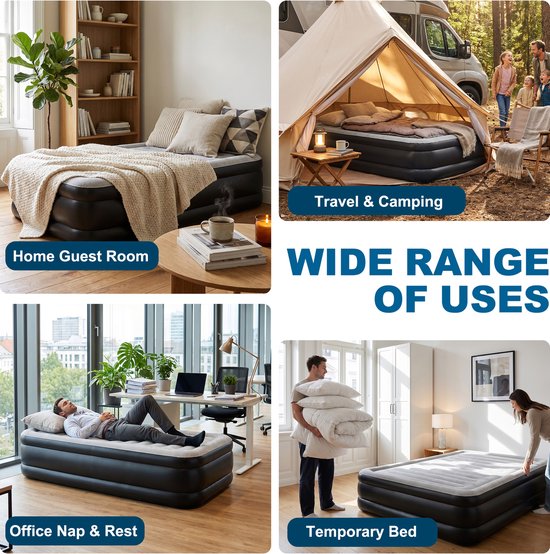 Luchtbed voor 2 personen, zelfopblazend, opblaasbaar matras, logeerbed met elektrische ingebouwde pomp en tas, voor camping/thuisgebruik, 195 x 152 x 46 cm — afbeelding 5