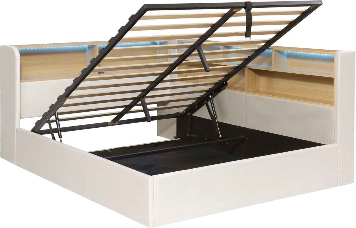 Bedbank 140x200 Cm Met Hydraulische Opbergruimte En Led Verlichting - Opklapbed Met Usb En Type C - Voor Kinderen - Velours Beige - Zonder Matras