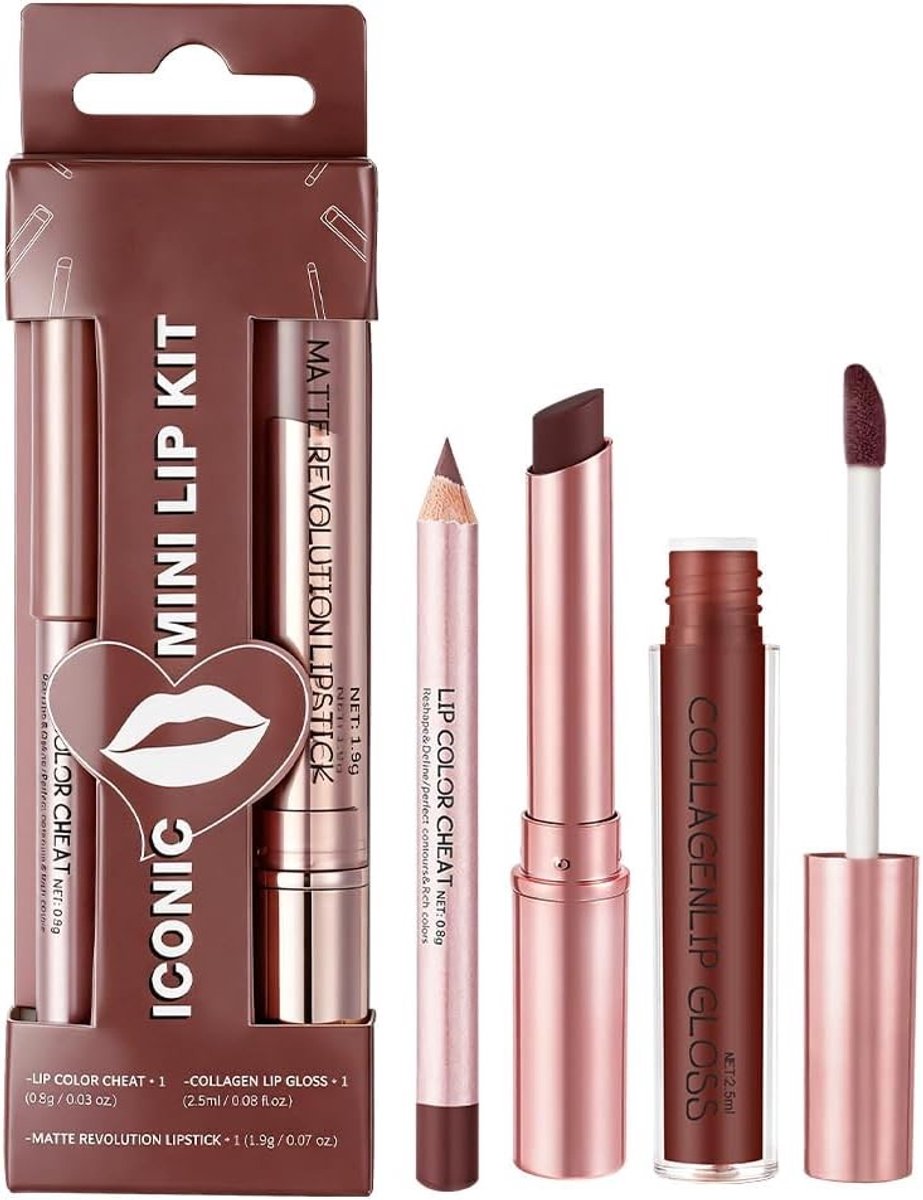Matte Lipstick Set met Lip Gloss en Lip Liner - Vochtinbrengende, Waterproof en Langdurige Lippenstift in Roodbruin Tint