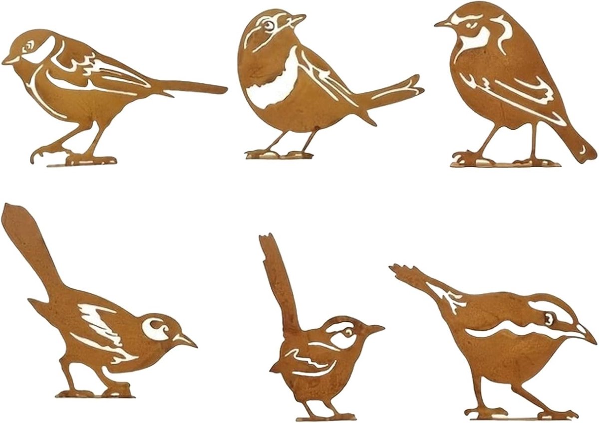 Set van 6 Roestige Tuinornamenten in de Vorm van Vogels, Metalen Decoraties voor Tuin en Schutting, Buitenlandse IJzeren Beelden voor Tuin Kunst en Decoratie