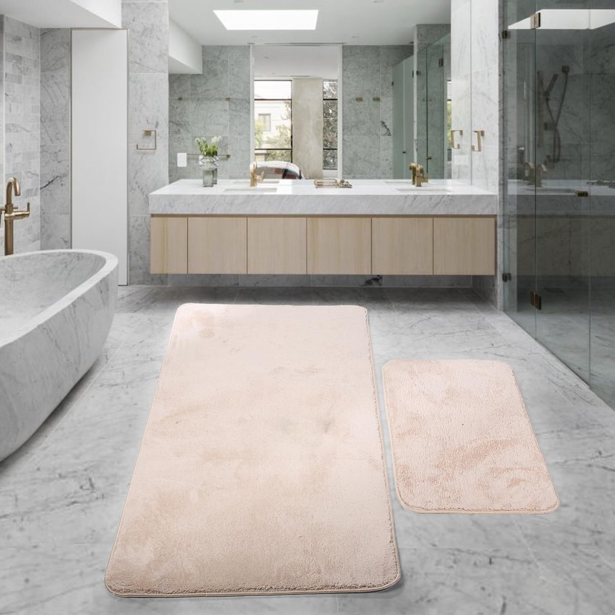 Douchemat - Set van 2 - 50 x 80 cm - Modern - Antislip - Machinewasbaar - Beige