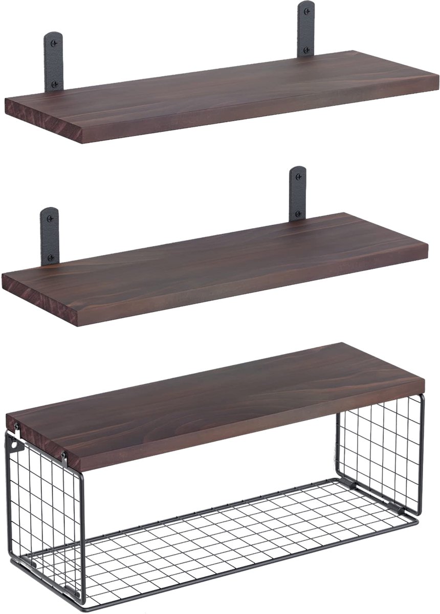 MODFU Badkamerrek 42 x 16 x 14 cm – Badkamerplank met Toiletrolhouder en Opbergmand – Wandrek voor Badkamer – Hout en Metaal – Donkerbruin