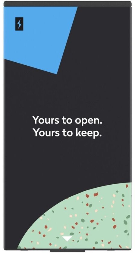 Verpakking met de tekst 'Yours to open. Yours to keep.' en grafische patronen.