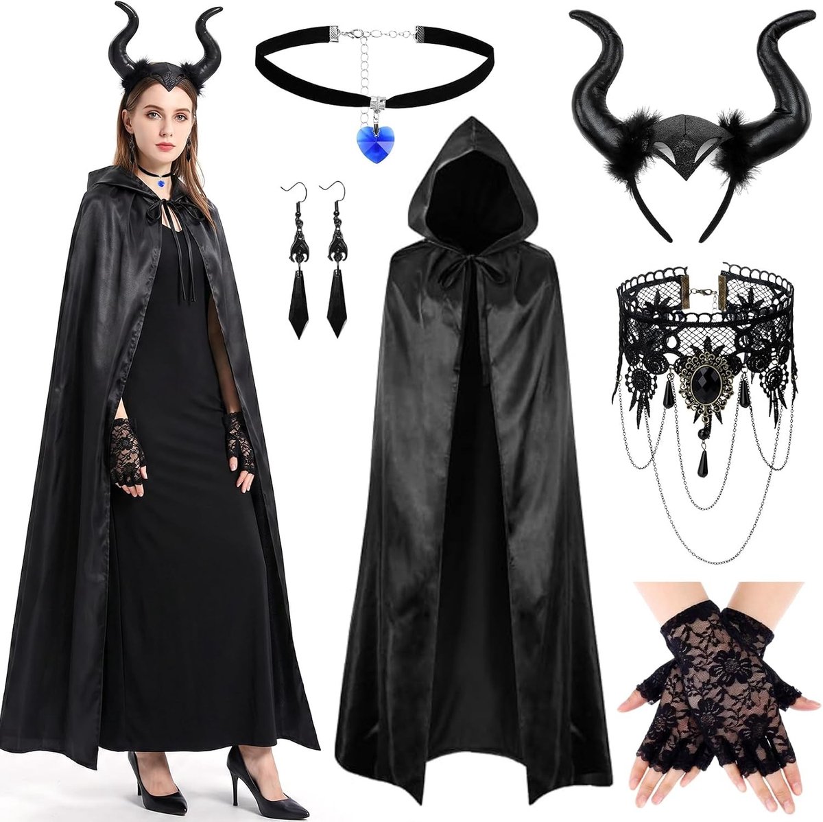 Zesdelige Dames Duivel Kostuum voor Halloween met Zwarte Cape, Hoorns, Sieraden en Kanten Handschoenen - Perfect voor Carnaval en Cosplay