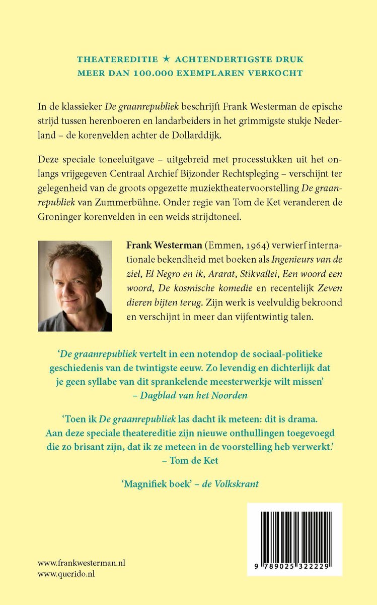 Boekcover van 'De graanrepubliek' met een portret van Frank Westerman en tekst over de inhoud en recensies.