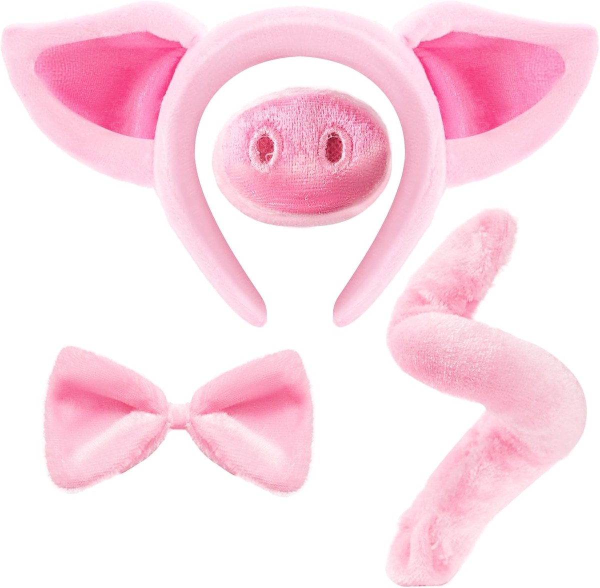 Schattige roze varkenskostuumaccessoires set met neus, staart, oren en strik voor Halloween en verkleedfeestjes - One Size