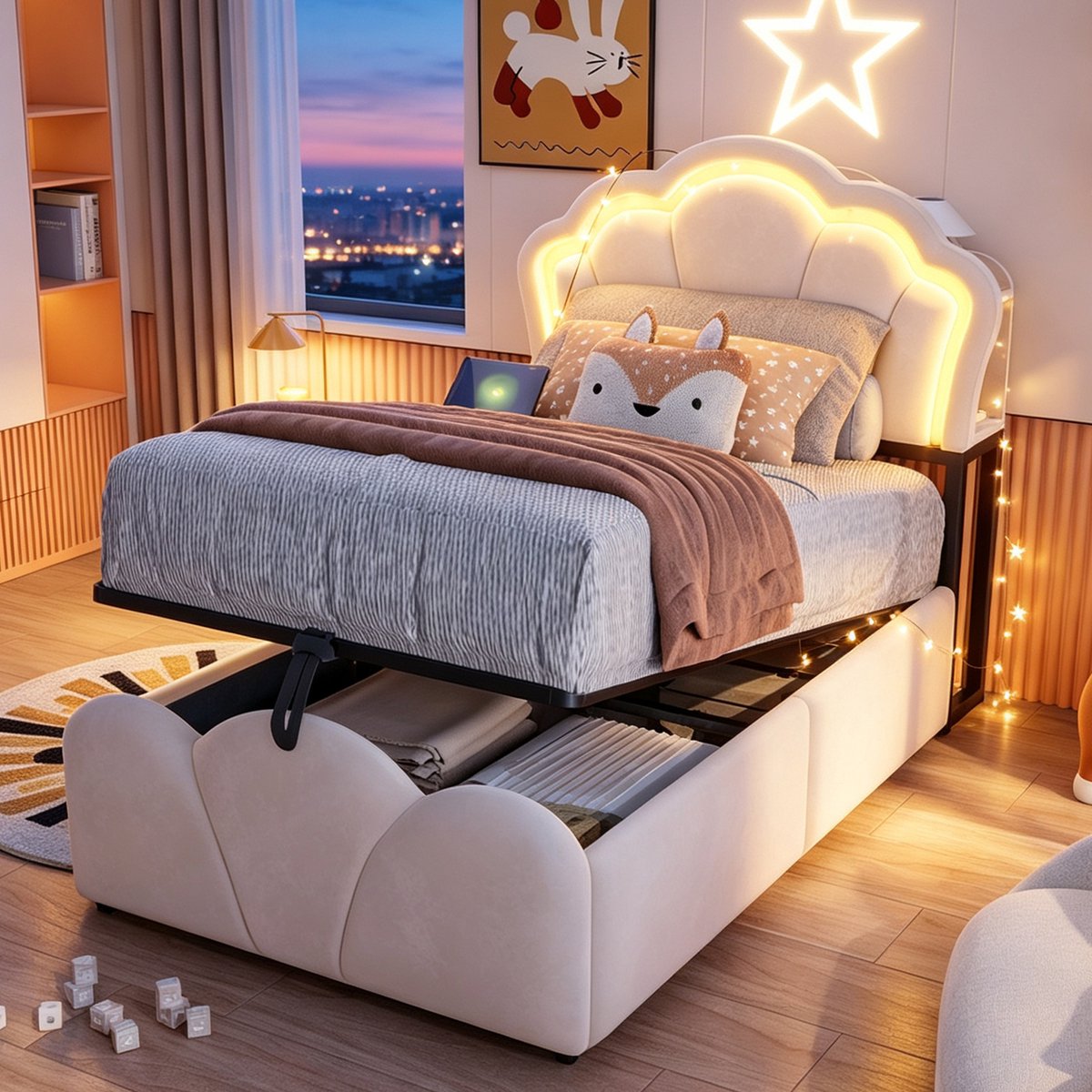 WUVRIE Polsterbed 90x200 cm met hydraulische opbergruimte, LED, hoofddeplanken en stopcontacten, beige