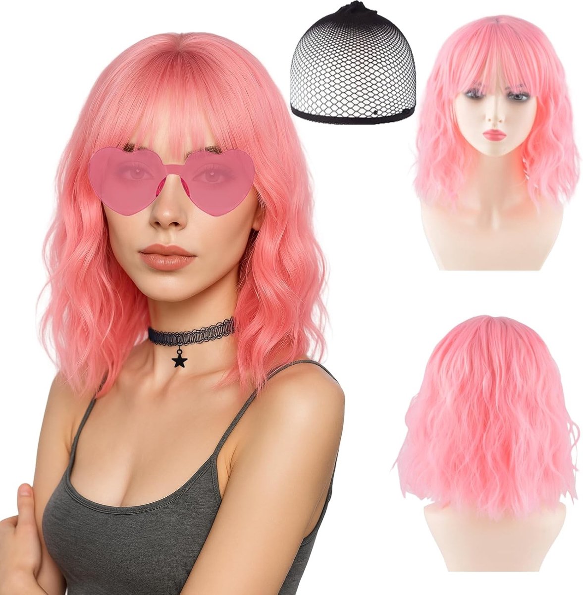 Korte roze bobperuk set voor vrouwen, inclusief haarnet, ketting en zonnebril, ideaal voor kostuums en themafeesten, perfect voor een opvallende look