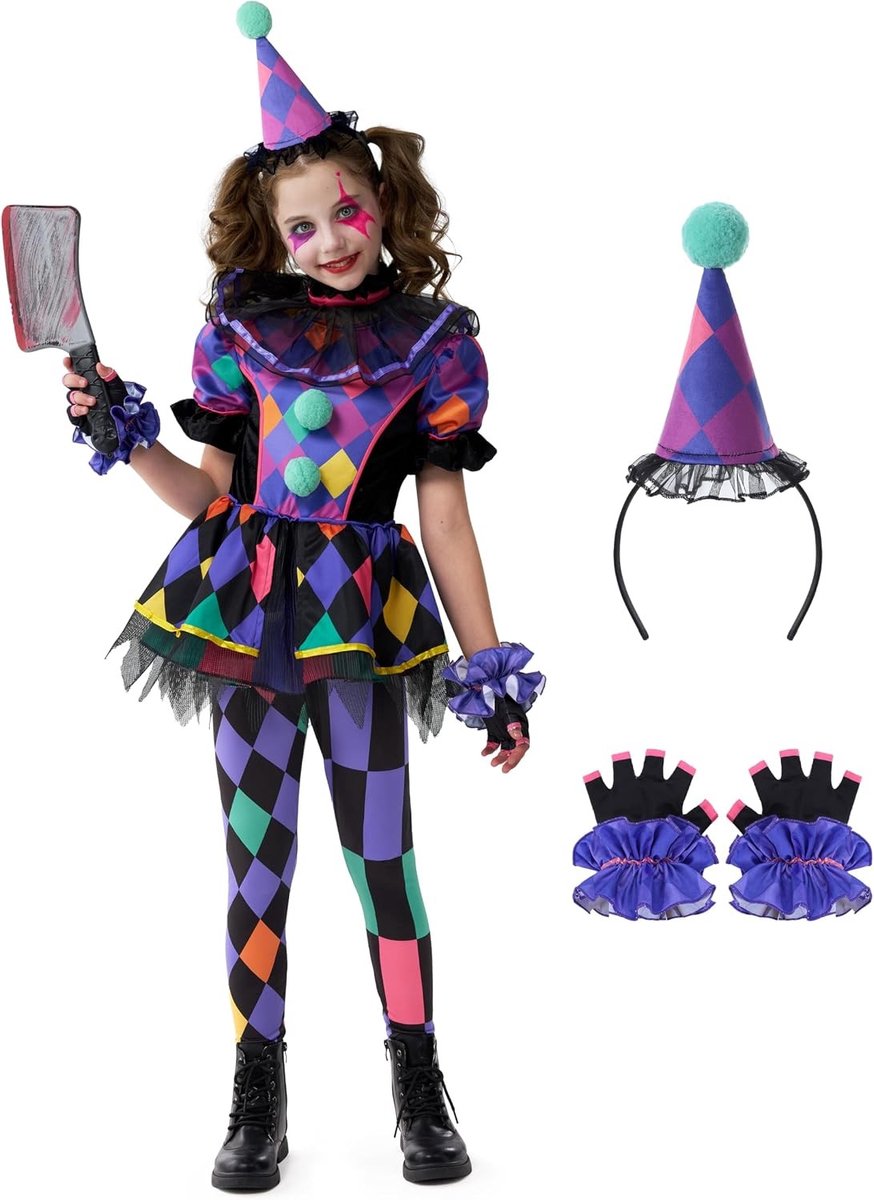 Griezelig Clown Kostuum voor Meisjes, Donkere Kleuren Twisted Jester Outfit voor Kinderen, Perfect voor Halloween en Verkleedfeestjes