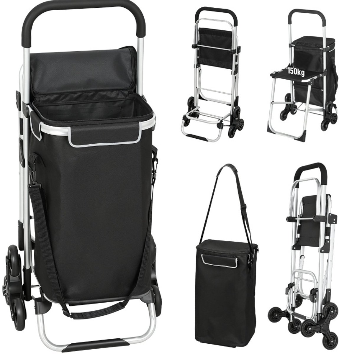 MODFU - Boodschappentrolley - 3-Wiel Design - Zitting - Opvouwbaar - Zwart - Aluminium - 40 L
