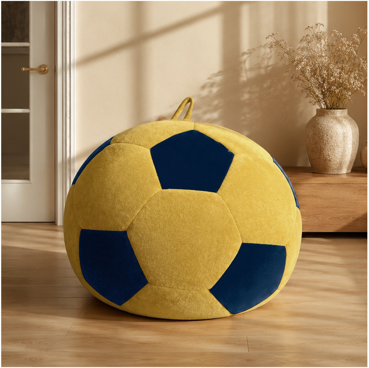 FloraGrace Zitzak 130 Cm – Voetbalvormige Loungestoel Met Zachte Flanelvulling – Voor Slaapkamer, Woonkamer En Leeshoek – Blauw Geel