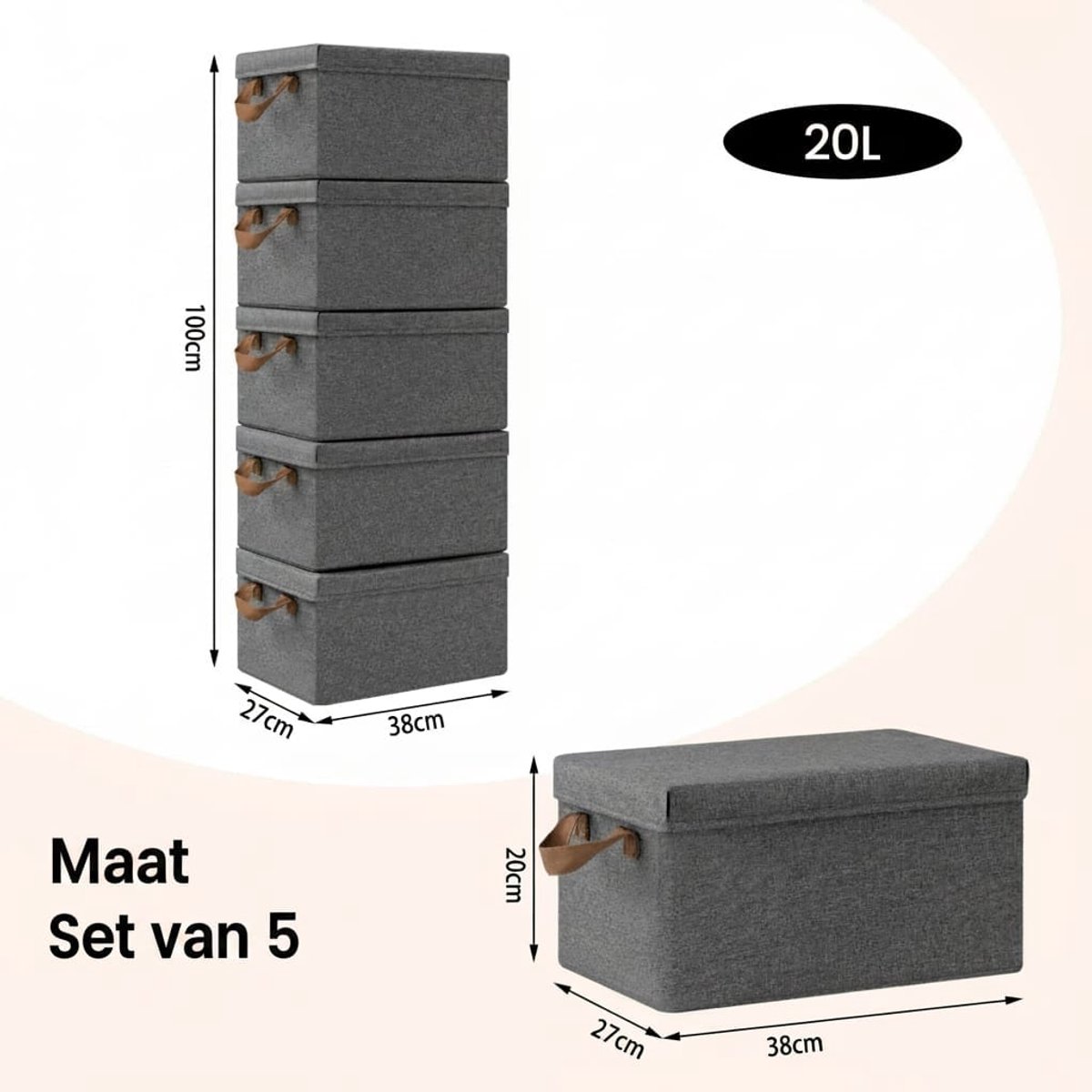 Klarven® Opbergbox Set 20l (5 stuks) - Opvouwbaar met handvaten - Ruimtebesparing voor kleding en speelgoed - 5 stuks