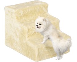 PawHut Hundetreppe 3 Stufen 35 cm Hoch Haustiertreppe für kleine Hunde oder Katzen, Katzentreppe Hunderampe mit Waschbar Plüschbezug für Bett, Sofa, Couch, Beige