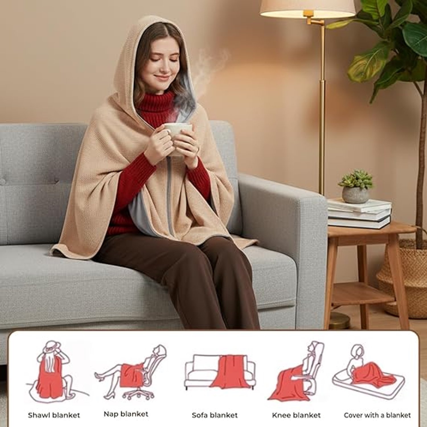 Elektrische deken - 150x80cm - Hoodie Deken - 3 Standen - Oplaadbare elektrische deken - elektrisch deken - Dames Verwarmde Schoudermantel - verwarmde deken - USB-oplaadbaar - Cape-Warmtedeken Oplaadbaar - voor kantoor, bank, reizen en kamperen – foto 3